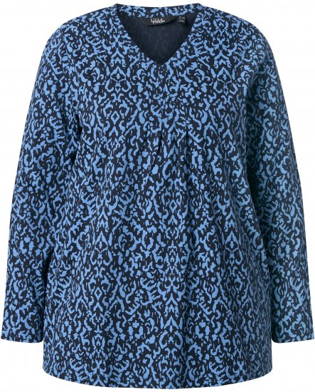 Ulla Popken Geometric Print 3/4 Sleeve Pleated Tee Navy Blue - Camisetas estampadas para mujer - 