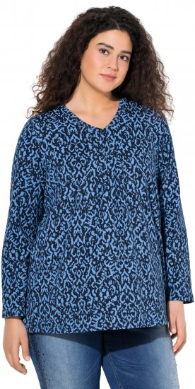 Ulla Popken Geometric Print 3/4 Sleeve Pleated Tee Navy Blue - Camisetas estampadas para mujer - 