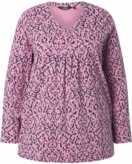 Ulla Popken Geometric Print 3/4 Sleeve Pleated Tee Raspberry - Camisetas estampadas para mujer - 