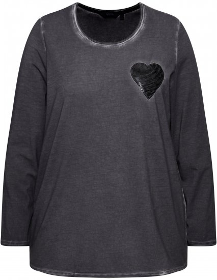 Ulla Popken Cold Dyed Sequined Heart Long Sleeve Tee Asphalt - Camisetas estampadas para mujer - 