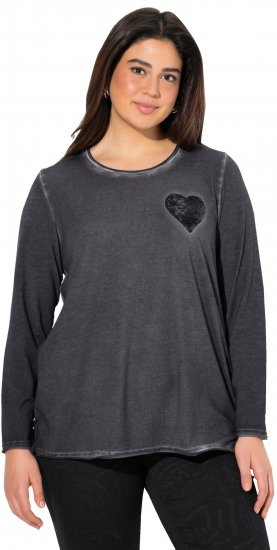 Ulla Popken Cold Dyed Sequined Heart Long Sleeve Tee Asphalt - Camisetas estampadas para mujer - 