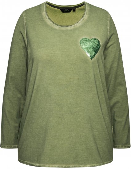 Ulla Popken Cold Dyed Sequined Heart Long Sleeve Tee Sage Green - Camisetas estampadas para mujer - 
