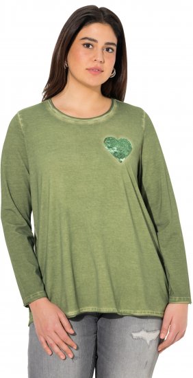 Ulla Popken Cold Dyed Sequined Heart Long Sleeve Tee Sage Green - Camisetas estampadas para mujer - 