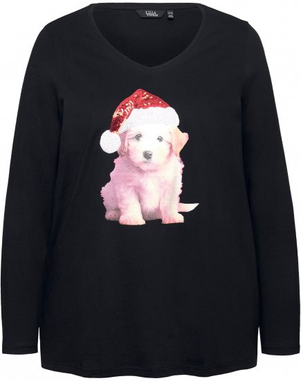 Ulla Popken Puppy Graphic Christmas Long Sleeve T-Shirt Black - Camisetas - 