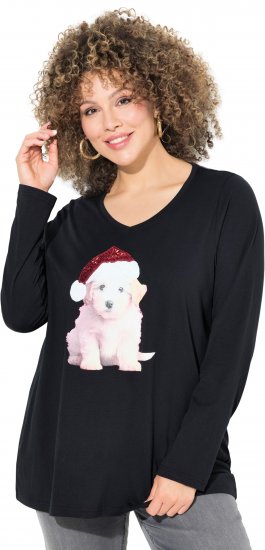 Ulla Popken Puppy Graphic Christmas Long Sleeve T-Shirt Black - Camisetas - 