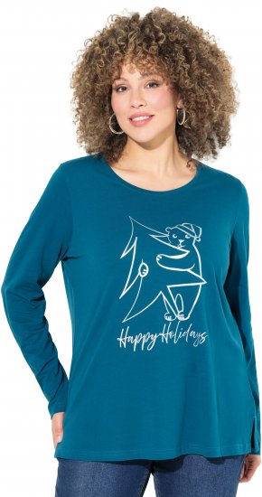 Ulla Popken Metallic Graphic Holiday Tee Teal - Camisetas estampadas para mujer - 