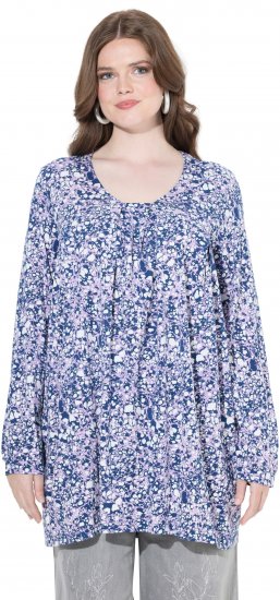 Ulla Popken Allover Printed Pleated Long Sleeve Tee Dark Blue - Camisetas estampadas para mujer - 