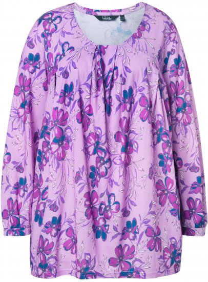 Ulla Popken Allover Printed Pleated Long Sleeve Tee Lavender - Camisetas estampadas para mujer - 
