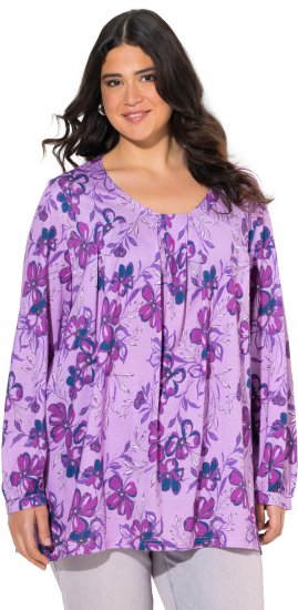 Ulla Popken Allover Printed Pleated Long Sleeve Tee Lavender - Camisetas estampadas para mujer - 