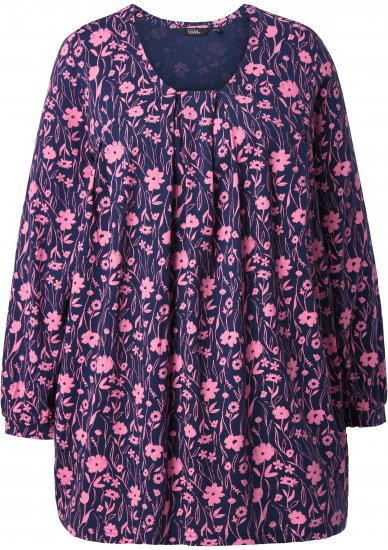 Ulla Popken Pleated Long Sleeve Floral Knit Tunic Ink Blue - Camisetas estampadas para mujer - 