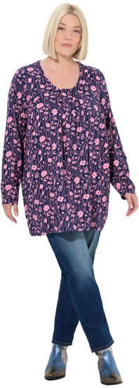 Ulla Popken Pleated Long Sleeve Floral Knit Tunic Ink Blue - Camisetas estampadas para mujer - 