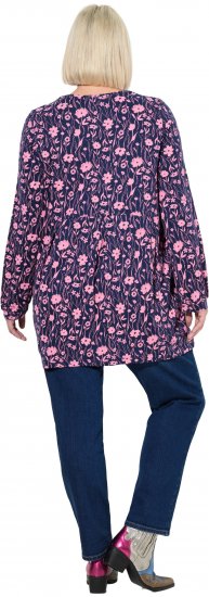 Ulla Popken Pleated Long Sleeve Floral Knit Tunic Ink Blue - Camisetas estampadas para mujer - 