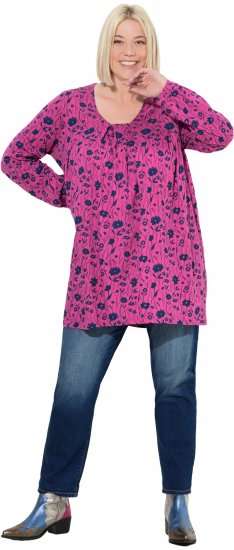Ulla Popken Pleated Long Sleeve Floral Knit Tunic Summer Berry - Camisetas estampadas para mujer - 
