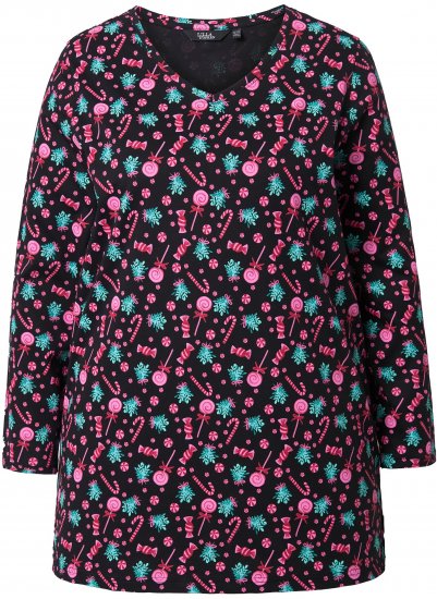 Ulla Popken Peppermint Tree V-Neck Holiday Cotton Long Sleeve Knit Tunic Black - Camisetas estampadas para mujer - 