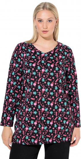 Ulla Popken Peppermint Tree V-Neck Holiday Cotton Long Sleeve Knit Tunic Black - Camisetas estampadas para mujer - 