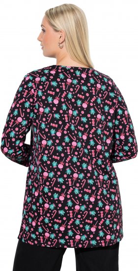 Ulla Popken Peppermint Tree V-Neck Holiday Cotton Long Sleeve Knit Tunic Black - Camisetas estampadas para mujer - 