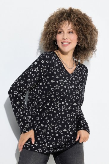 Ulla Popken Allover Printed Long Sleeve Tee Black - Camisetas estampadas para mujer - Camisetas estampadas para mujer