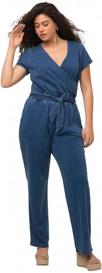 Ulla Popken Wrap Look Short Sleeve Denim Jumpsuit Blue - Vaqueros & Pantalones de Mujer Tallas Grandes – Plus Size - Vaqueros y pantalones, EU 42-70