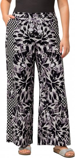 Ulla Popken Checkered Floral Elastic Waist Palazzo Paints Black - Vaqueros & Pantalones de Mujer Tallas Grandes – Plus Size - 