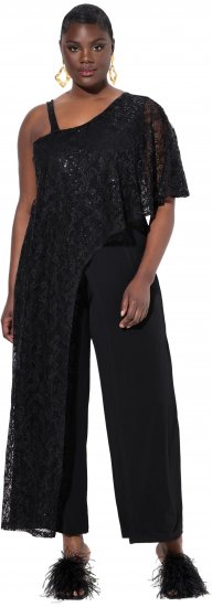 Ulla Popken Asymmetric Lace Panel Jumpsuit Black - Vaqueros & Pantalones de Mujer Tallas Grandes – Plus Size - 