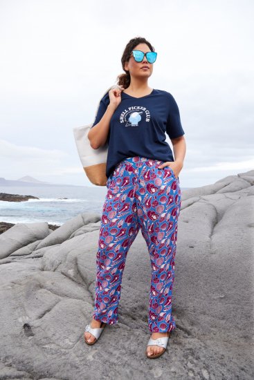 Ulla Popken Seashell Print Elastic Waist Pants Blue - Vaqueros & Pantalones de Mujer Tallas Grandes – Plus Size - Vaqueros y pantalones, EU 42-70