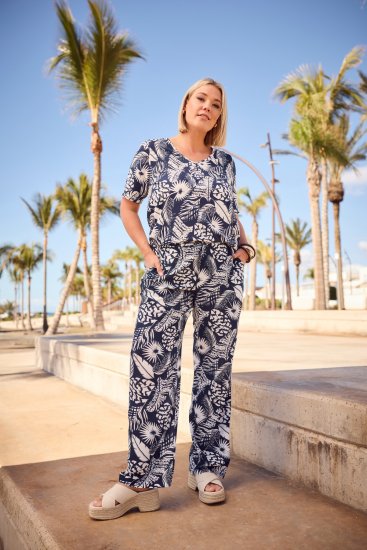 Ulla Popken Feather Print Elastic Waist Pants Blue - Vaqueros & Pantalones de Mujer Tallas Grandes – Plus Size - 