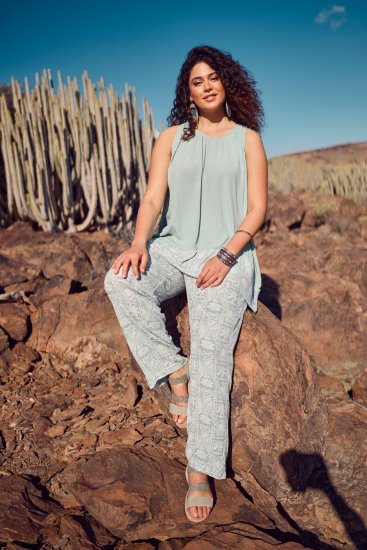 Ulla Popken Mosaic Print Elastic Waist Pants White - Vaqueros & Pantalones de Mujer Tallas Grandes – Plus Size - 