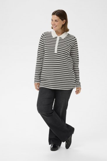 Kaffe Curve Miana Long Sleeve Polo Chalk with Black Stripe - Polos - 