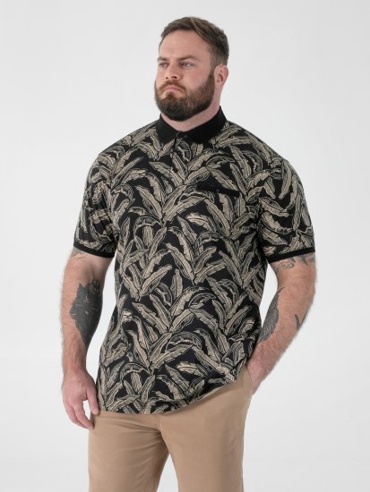 D555 Palmer Leaf Printed Jacquard Collar & Cuff Chest Pocket Polo Black - Polos - Polos 2XL-8XL