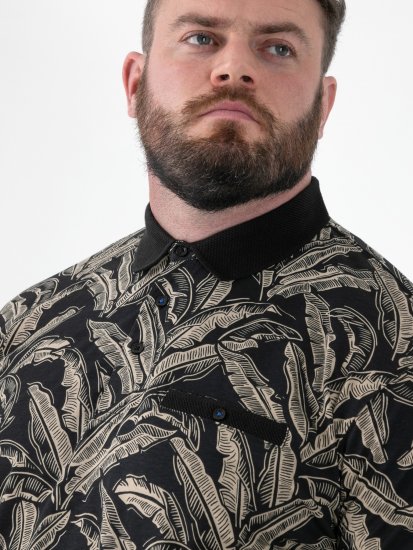 D555 Palmer Leaf Printed Jacquard Collar & Cuff Chest Pocket Polo Black - Polos - Polos 2XL-8XL