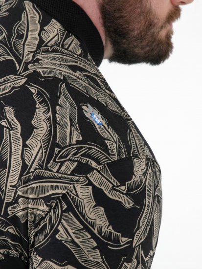 D555 Palmer Leaf Printed Jacquard Collar & Cuff Chest Pocket Polo Black - Polos - Polos 2XL-8XL