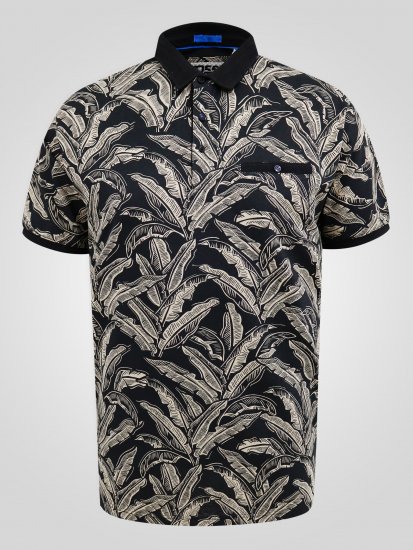 D555 Palmer Leaf Printed Jacquard Collar & Cuff Chest Pocket Polo Black - Polos - Polos 2XL-8XL