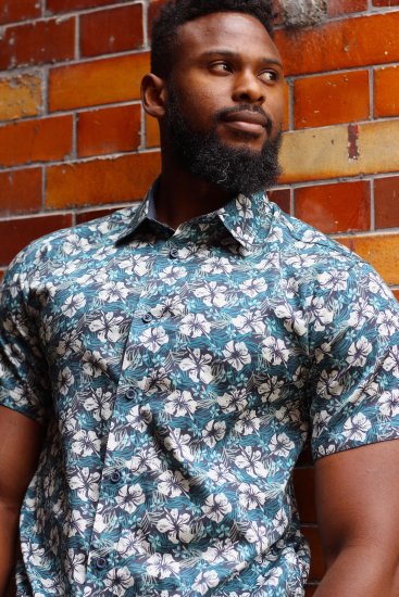 Kam Jeans 6061 Hibiscus Floral Print Short Sleeve Shirt Midnight Blue - Camisas - Camisas 2XL-10XL