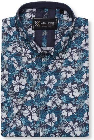 Kam Jeans 6061 Hibiscus Floral Print Short Sleeve Shirt Midnight Blue - Camisas - Camisas 2XL-10XL