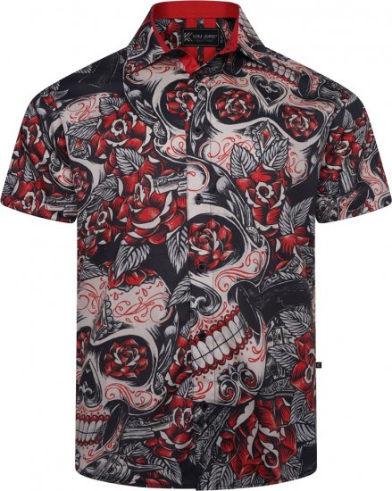 Kam Jeans 6062 Skull And Roses Print Short Sleeve Shirt Black - Camisas - Camisas 2XL-10XL