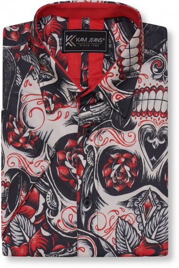 Kam Jeans 6062 Skull And Roses Print Short Sleeve Shirt Black - Camisas - Camisas 2XL-10XL