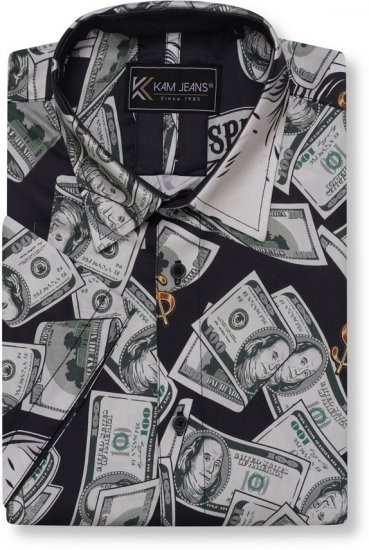 Kam Jeans 6064 Dollar Bills Print Short Sleeve Shirt Black - Camisas - Camisas 2XL-10XL