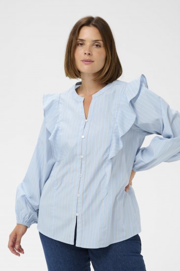 Kaffe Curve Lenia Flounce Shirt Powder Blue Stripe - Blusas tipo camisa - 