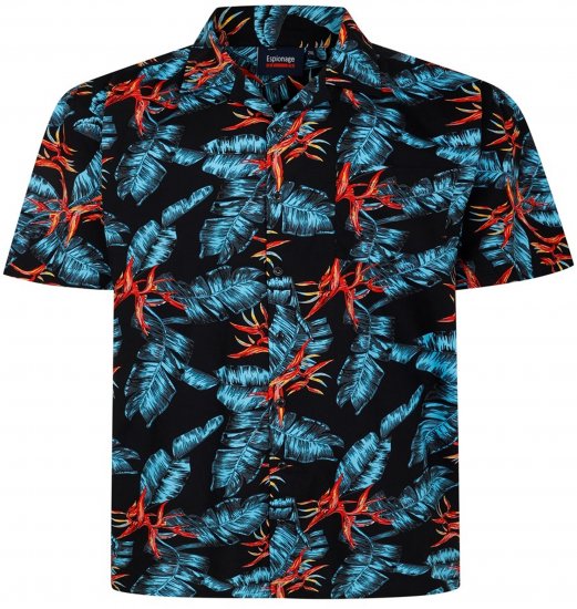 Espionage SH435 All Over Leaf Print Short Sleeve Shirt Black - Camisas de manga corta - Camisas Manga Corta Tallas Grandes