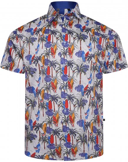 Kam Jeans 6060 Palm Tree and Surf Boards Short Sleeve Shirt White - Camisas - Camisas 2XL-10XL