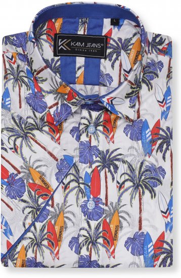 Kam Jeans 6060 Palm Tree and Surf Boards Short Sleeve Shirt White - Camisas - Camisas 2XL-10XL