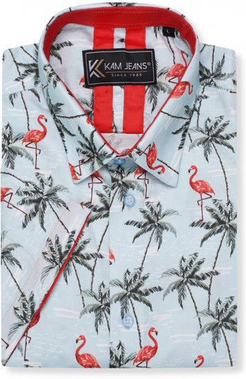 Kam Jeans 6067 Flamingo and Palm Tree Short Sleeve Shirt Blue - Camisas - Camisas 2XL-10XL