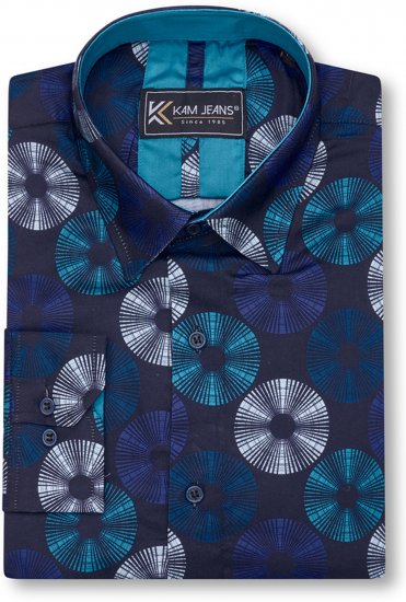 Kam Jeans 6071 Record Print Long Sleeve Shirt Navy - Camisas - Camisas 2XL-10XL