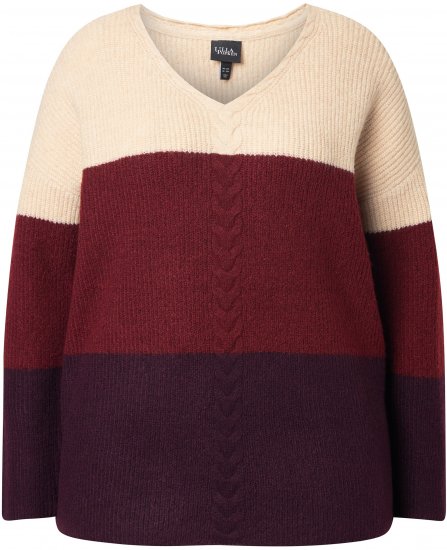 Ulla Popken Cable Knit Block Stripe V-Neck Sweater Dark Ruby - Sudaderas y hoodies - 