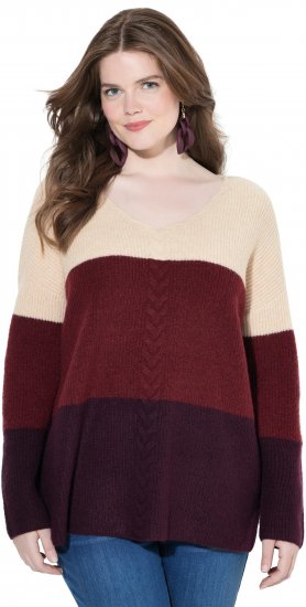 Ulla Popken Cable Knit Block Stripe V-Neck Sweater Dark Ruby - Sudaderas y hoodies - 