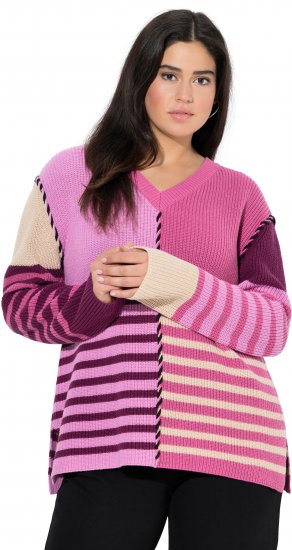 Ulla Popken Patchwork Striped Long Sleeve V-Neck Sweater Raspberry - Sudaderas y hoodies - 