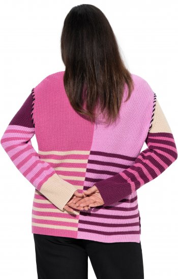 Ulla Popken Patchwork Striped Long Sleeve V-Neck Sweater Raspberry - Sudaderas y hoodies - 