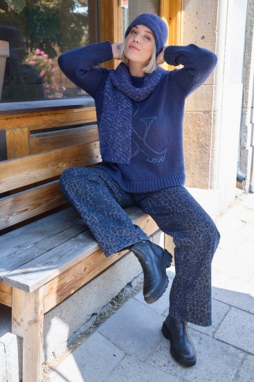 Ulla Popken Textured Glitter Embroidery Oversized Sweater Ink Blue - Sudaderas y hoodies - 