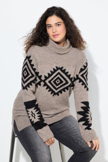 Ulla Popken Aztec Pattern Turtleneck Sweater Pebble Grey - Sudaderas y hoodies - Sudaderas, Hoodies y Punto Cómodos