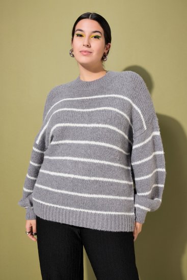 Ulla Popken Oversized Striped Balloon Sleeve Sweater Grey Melange - Sudaderas y hoodies - 